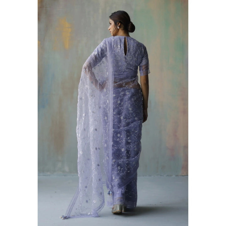 Begum Pret Saba Periwinkle Saree with Stitched Blouse (Set of 2)