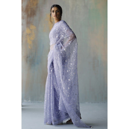 Begum Pret Saba Periwinkle Saree with Stitched Blouse (Set of 2)