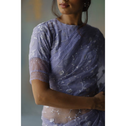 Begum Pret Saba Periwinkle Saree with Stitched Blouse (Set of 2)