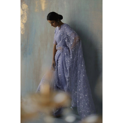 Begum Pret Saba Periwinkle Saree with Stitched Blouse (Set of 2)