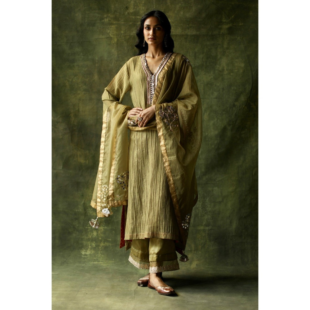 Begum Pret Sage Green Bahaar Mirror Work Kurta (Set of 4)