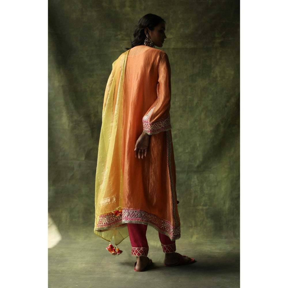 Begum Pret Burnt Orange & Purple Dia Kurta (Set of 4)