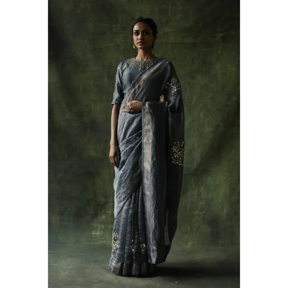 Begum Pret Slate Grey Gulnaaz Saree with Stitched Blouse