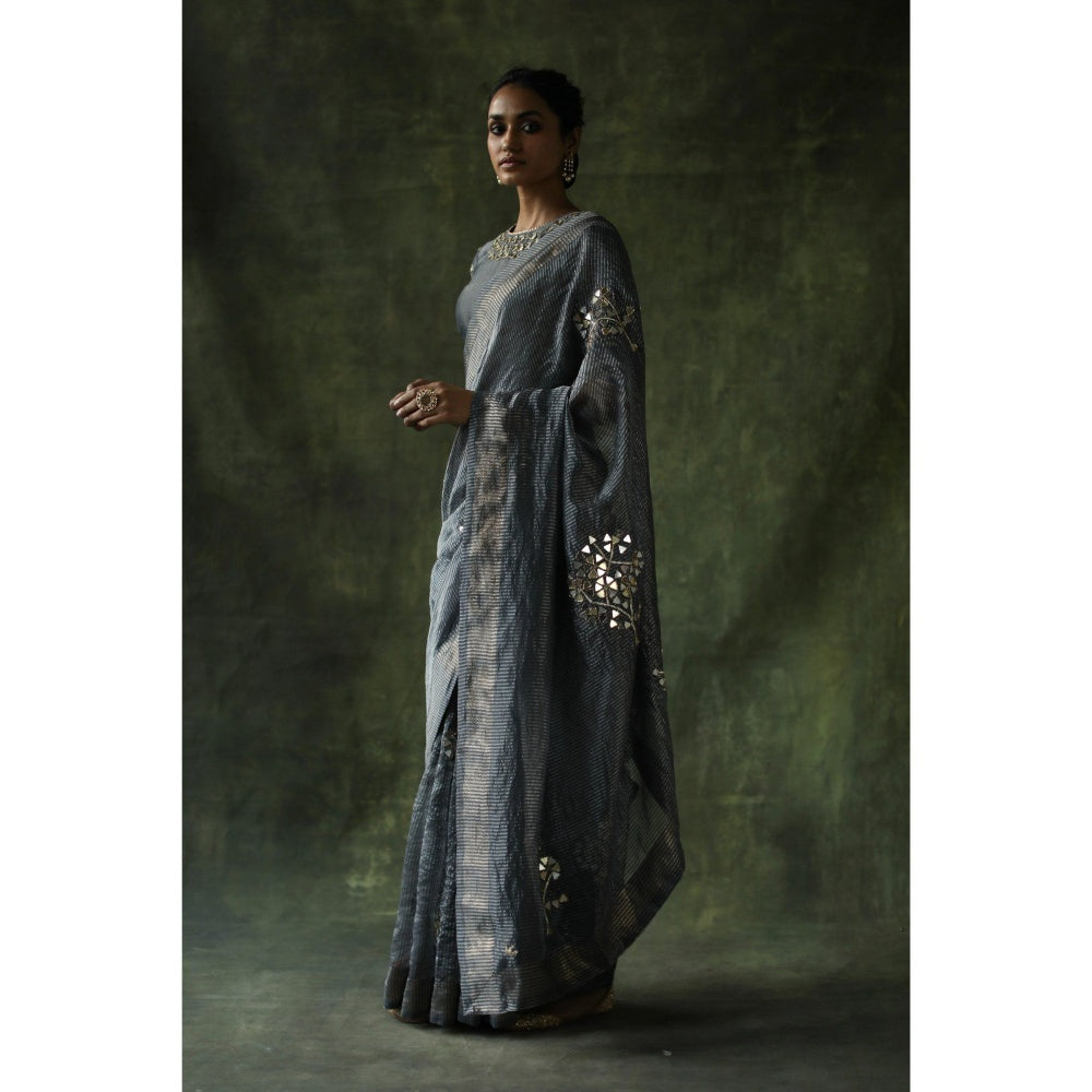 Begum Pret Slate Grey Gulnaaz Saree with Stitched Blouse