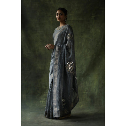 Begum Pret Slate Grey Gulnaaz Saree with Stitched Blouse