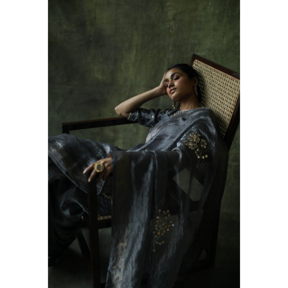 Begum Pret Slate Grey Gulnaaz Saree with Stitched Blouse