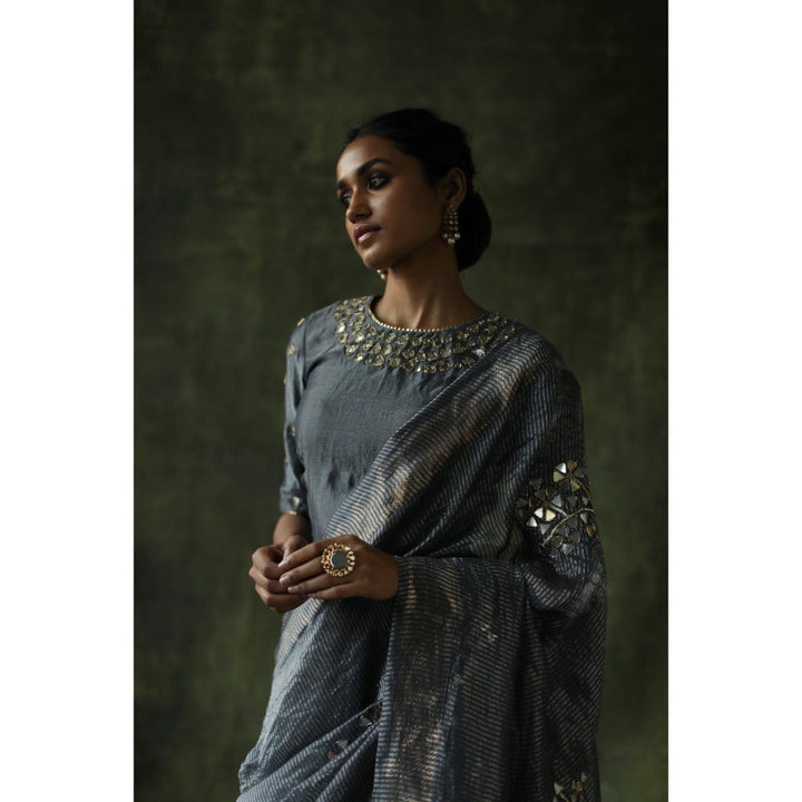 Begum Pret Slate Grey Gulnaaz Saree with Stitched Blouse