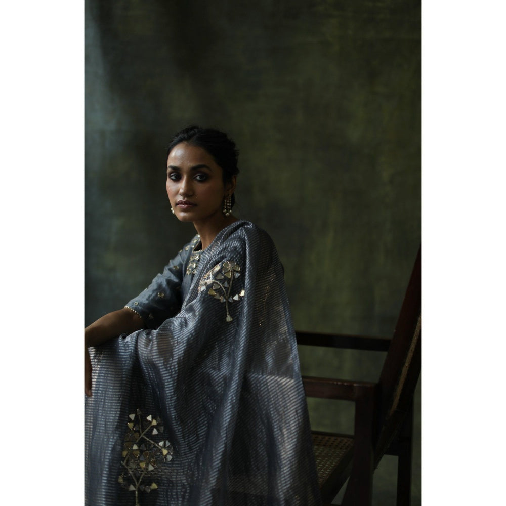 Begum Pret Slate Grey Gulnaaz Saree with Stitched Blouse