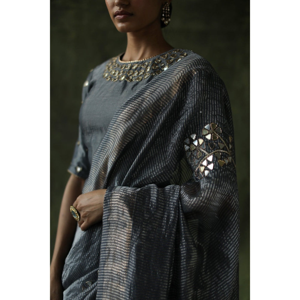 Begum Pret Slate Grey Gulnaaz Saree with Stitched Blouse