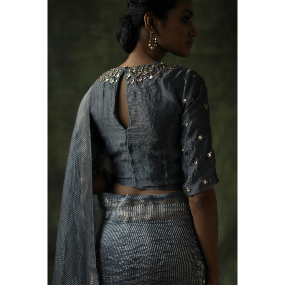 Begum Pret Slate Grey Gulnaaz Saree with Stitched Blouse
