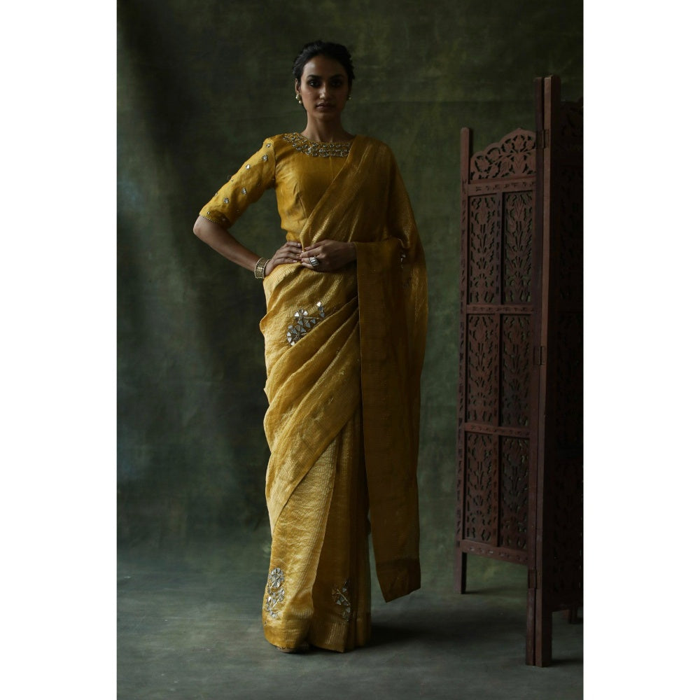 Begum Pret Mustard Gulnaaz Saree with Stitched Blouse