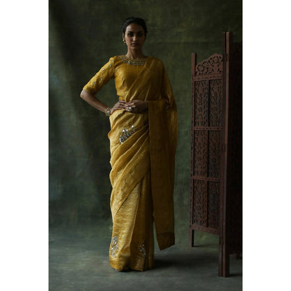 Begum Pret Mustard Gulnaaz Saree with Stitched Blouse