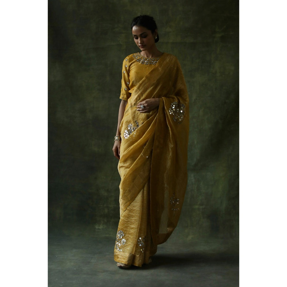 Begum Pret Mustard Gulnaaz Saree with Stitched Blouse