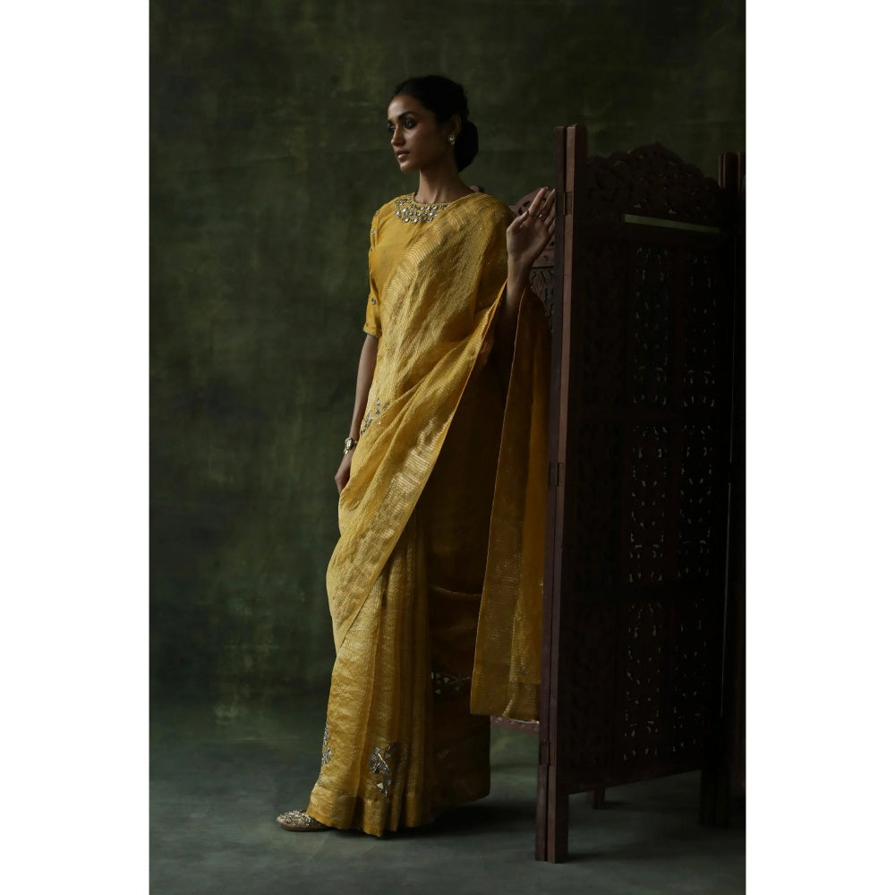 Begum Pret Mustard Gulnaaz Saree with Stitched Blouse