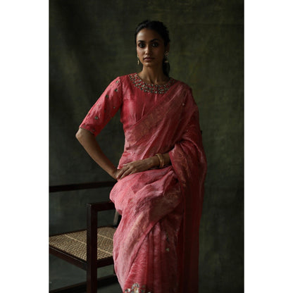 Begum Pret Peach Gulnaaz Saree with Stitched Blouse