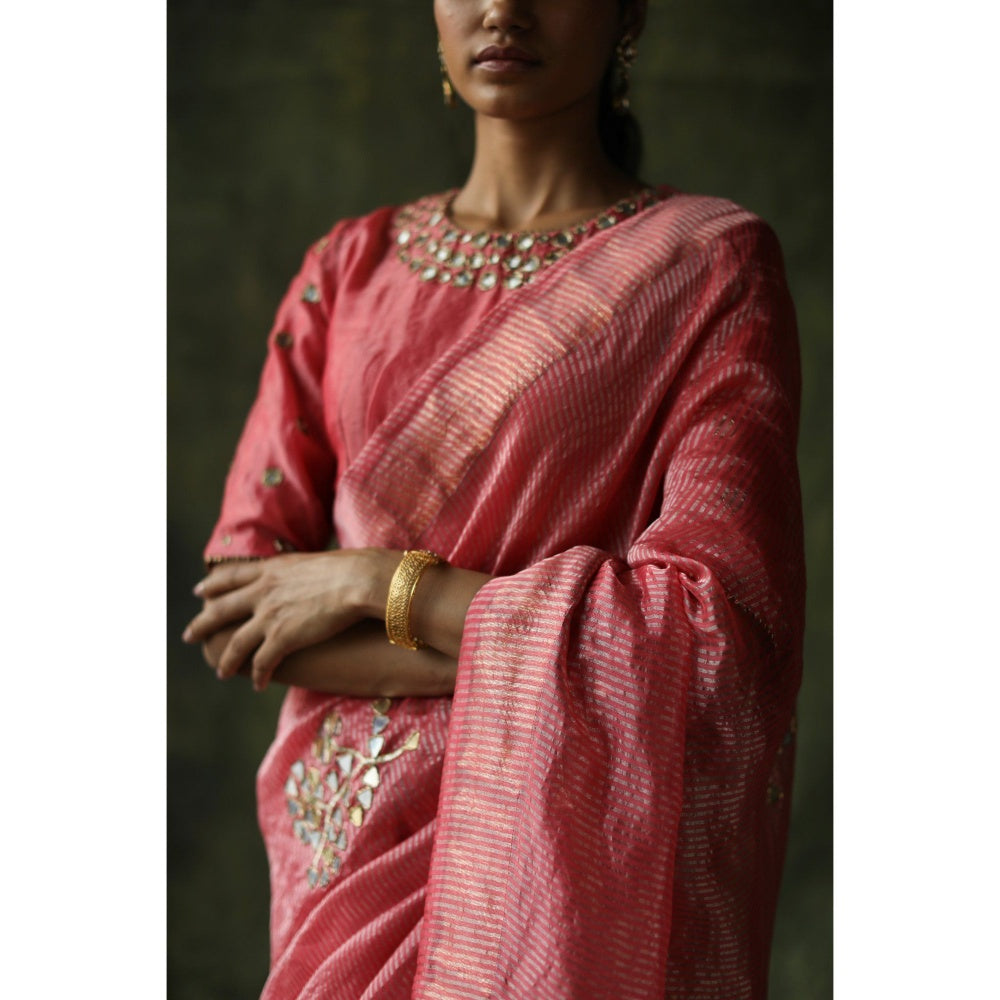 Begum Pret Peach Gulnaaz Saree with Stitched Blouse