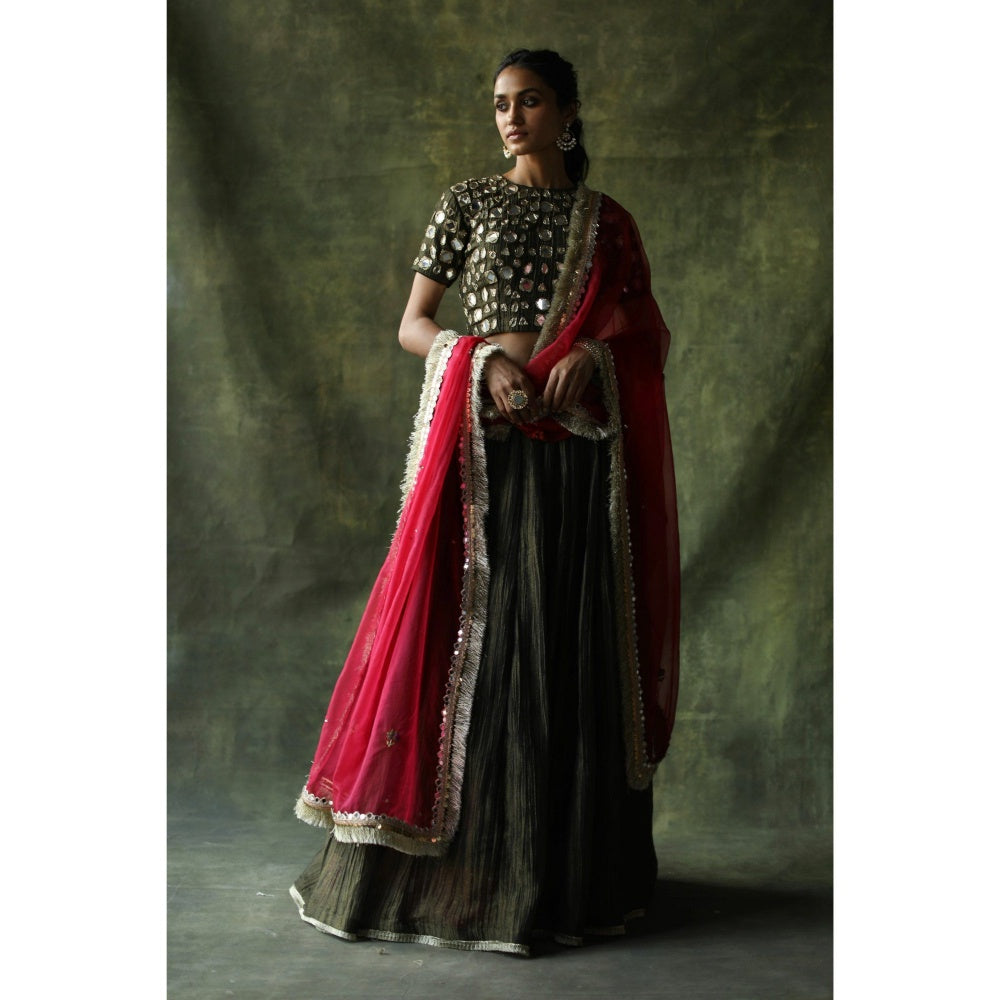 Begum Pret Olive Sifat Lehenga (Set of 3)