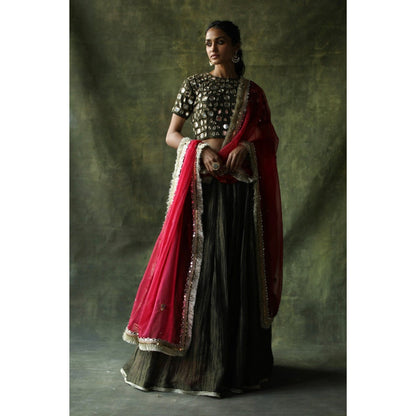 Begum Pret Olive Sifat Lehenga (Set of 3)
