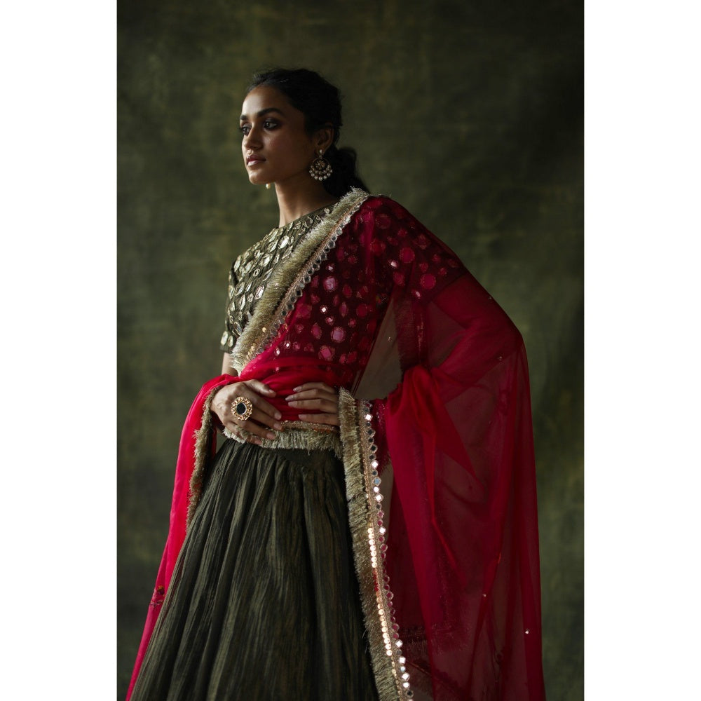 Begum Pret Olive Sifat Lehenga (Set of 3)