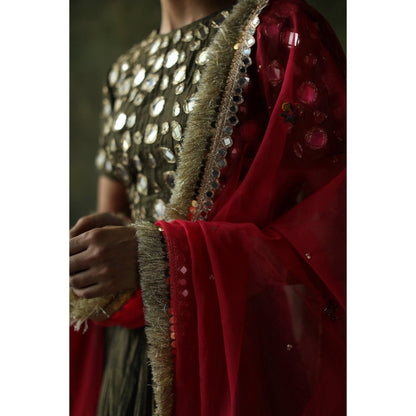 Begum Pret Olive Sifat Lehenga (Set of 3)