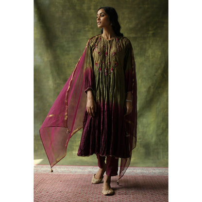Begum Pret Wine and Olive Zeenat Kurta (Set of 3)