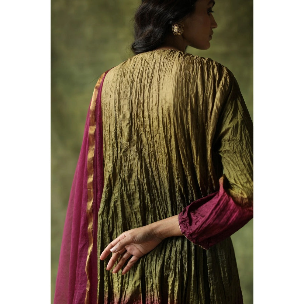 Begum Pret Wine and Olive Zeenat Kurta (Set of 3)