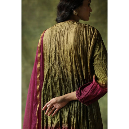 Begum Pret Wine and Olive Zeenat Kurta (Set of 3)