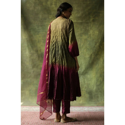 Begum Pret Wine and Olive Zeenat Kurta (Set of 3)