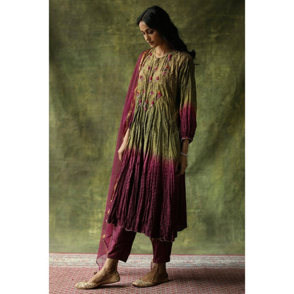 Begum Pret Wine and Olive Zeenat Kurta (Set of 3)