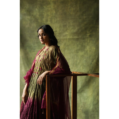 Begum Pret Wine and Olive Zeenat Kurta (Set of 3)