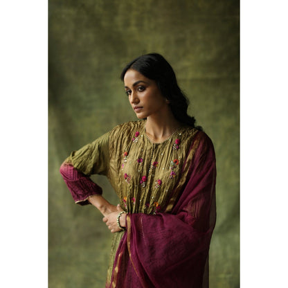 Begum Pret Wine and Olive Zeenat Kurta (Set of 3)