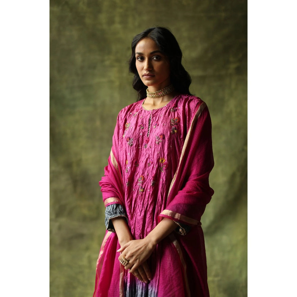 Begum Pret Pink and Slate Grey Zeenat Kurta (Set of 3)