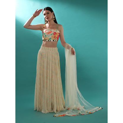 Bha-Sha Marigold Ivory Floral Bustier with Lehenga & Dupatta (Set of 3)