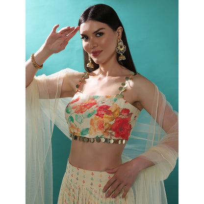 Bha-Sha Marigold Ivory Floral Bustier with Lehenga & Dupatta (Set of 3)