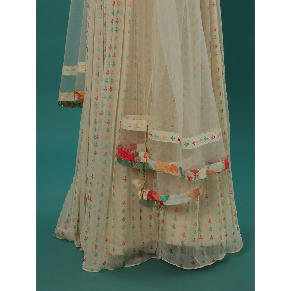 Bha-Sha Marigold Ivory Floral Bustier with Lehenga & Dupatta (Set of 3)