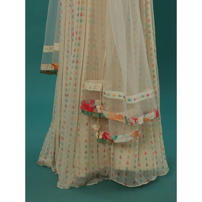 Bha-Sha Marigold Ivory Floral Bustier with Lehenga & Dupatta (Set of 3)