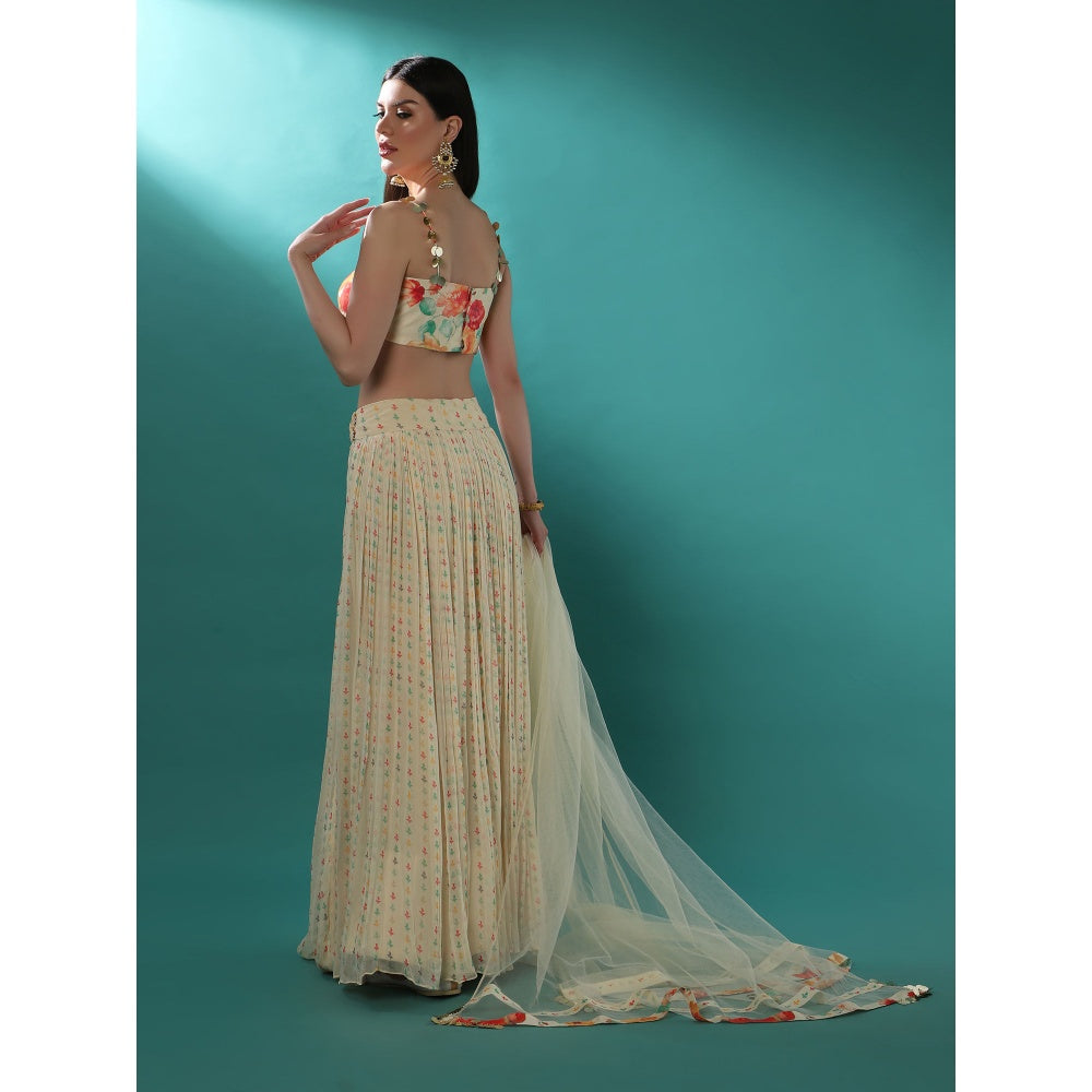 Bha-Sha Marigold Ivory Floral Bustier with Lehenga & Dupatta (Set of 3)