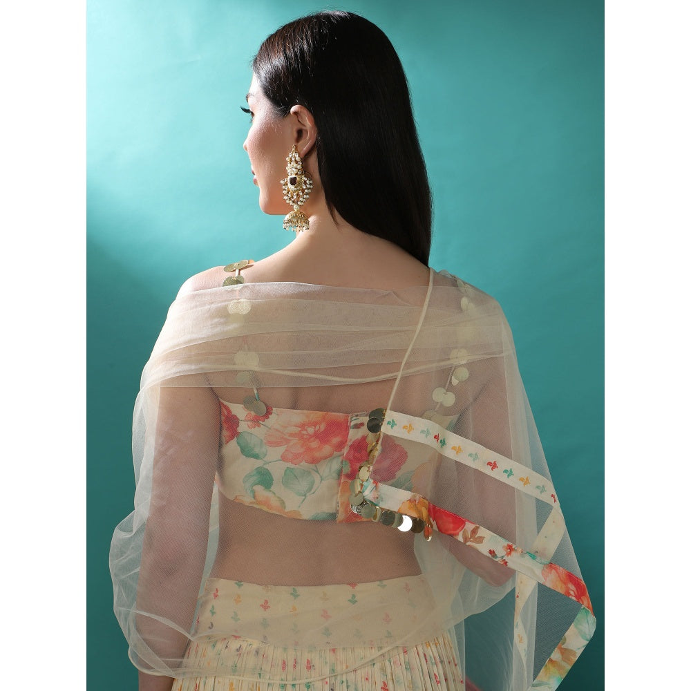 Bha-Sha Marigold Ivory Floral Bustier with Lehenga & Dupatta (Set of 3)