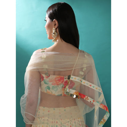 Bha-Sha Marigold Ivory Floral Bustier with Lehenga & Dupatta (Set of 3)