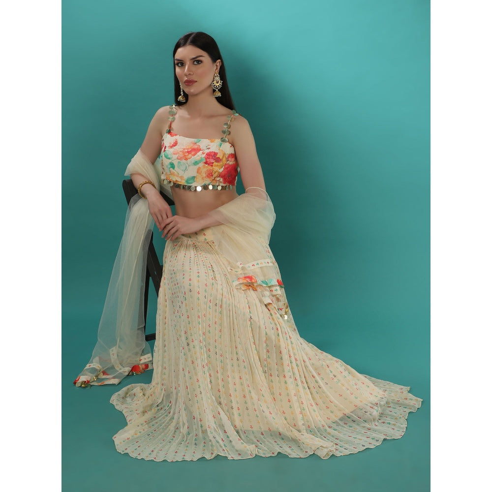 Bha-Sha Marigold Ivory Floral Bustier with Lehenga & Dupatta (Set of 3)