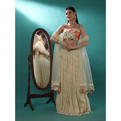 Bha-Sha Marigold Ivory Floral Bustier with Lehenga & Dupatta (Set of 3)