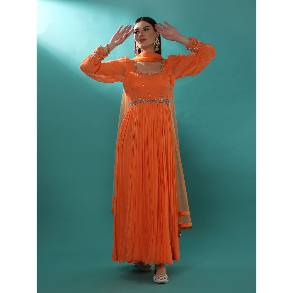 Bha-Sha Mogra Orange Embellished Anarkali Kurta with Dupatta (Set of 2)