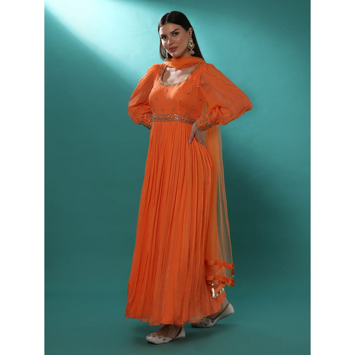 Bha-Sha Mogra Orange Embellished Anarkali Kurta with Dupatta (Set of 2)