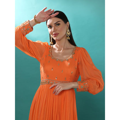 Bha-Sha Mogra Orange Embellished Anarkali Kurta with Dupatta (Set of 2)