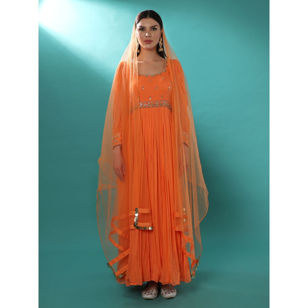Bha-Sha Mogra Orange Embellished Anarkali Kurta with Dupatta (Set of 2)