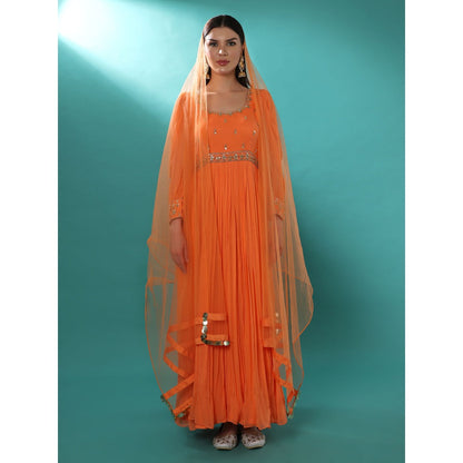 Bha-Sha Mogra Orange Embellished Anarkali Kurta with Dupatta (Set of 2)