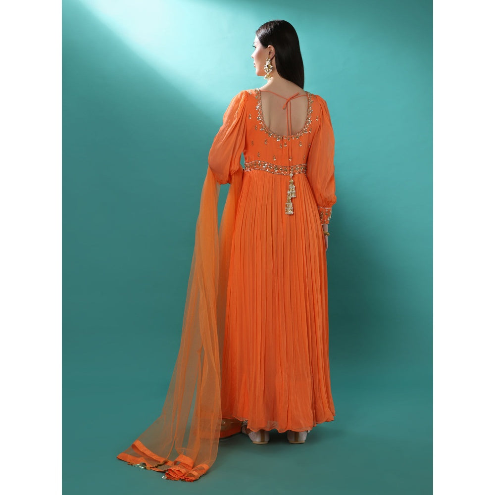 Bha-Sha Mogra Orange Embellished Anarkali Kurta with Dupatta (Set of 2)