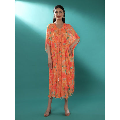 Bha-Sha Ambika Orange Floral Inner with Kaftan Dress (Set of 2)