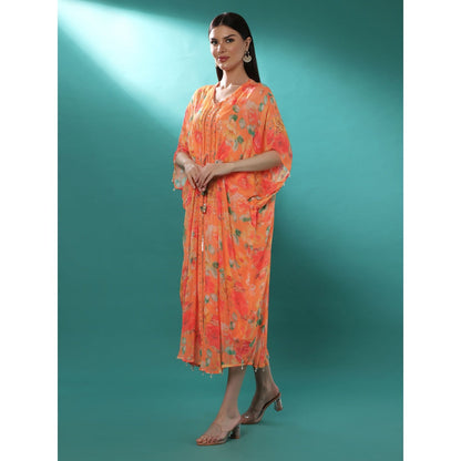 Bha-Sha Ambika Orange Floral Inner with Kaftan Dress (Set of 2)