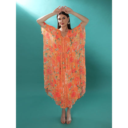 Bha-Sha Ambika Orange Floral Inner with Kaftan Dress (Set of 2)